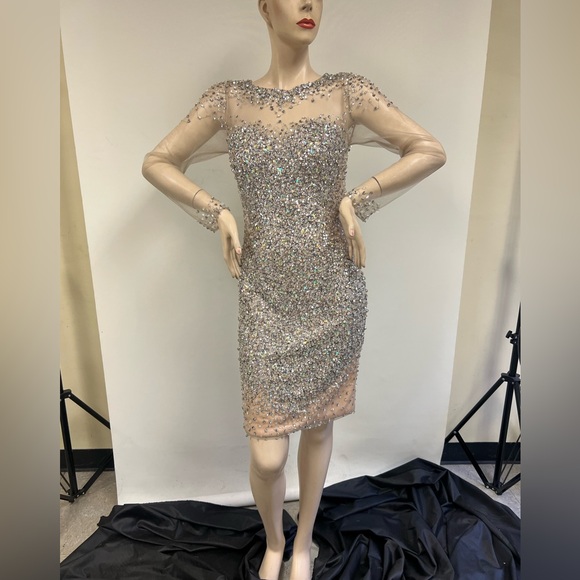 Terani fully beaded illusion long sleeves open back dressy dress - Picture 9 of 11